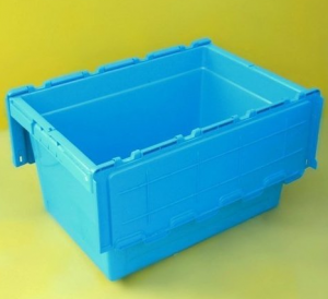 Attached lid distribution containers